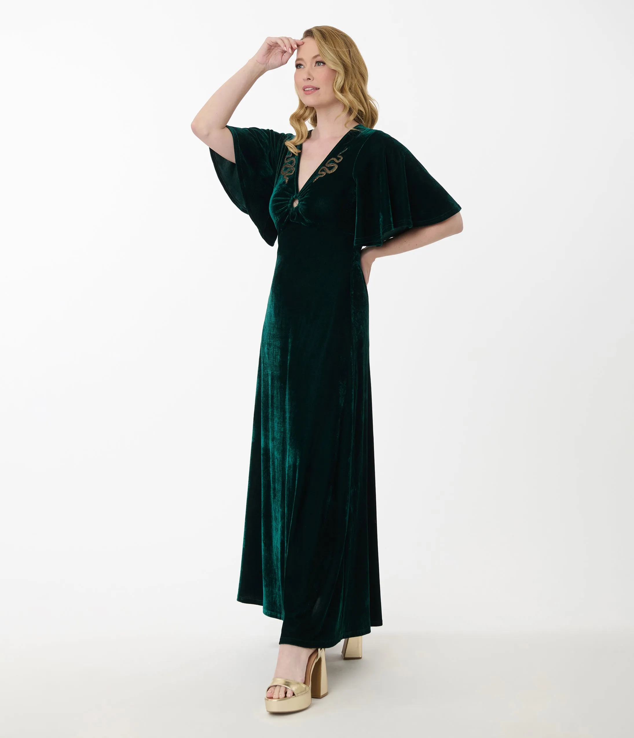 Smak Parlour Emerald Velvet & Gold Snake Embroidered Maxi Dress sold by Unique Vintage product image thumbnail 4