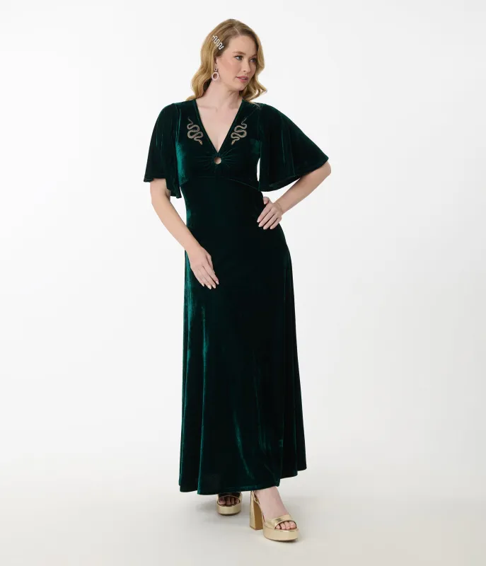 Smak Parlour Emerald Velvet & Gold Snake Embroidered Maxi Dress sold by Unique Vintage