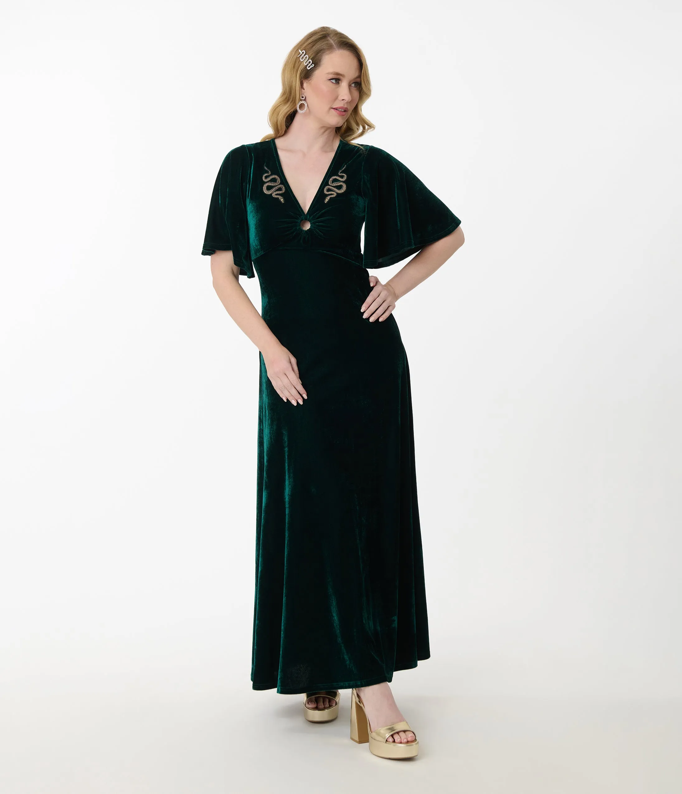 Smak Parlour Emerald Velvet & Gold Snake Embroidered Maxi Dress sold by Unique Vintage