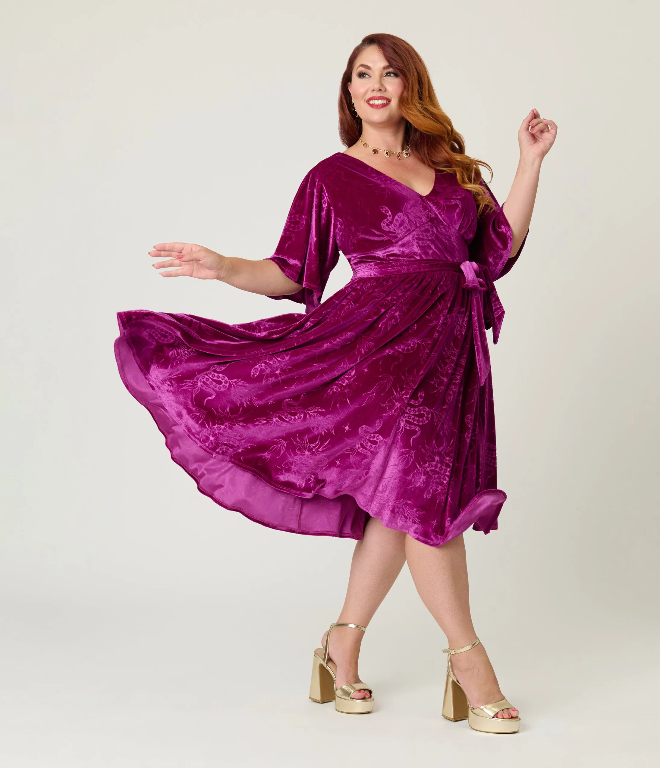 Unique Vintage Plus Size Magenta Velvet Embossed Snake Flutter Sleeve Lenora Swing Dress sold by Unique Vintage