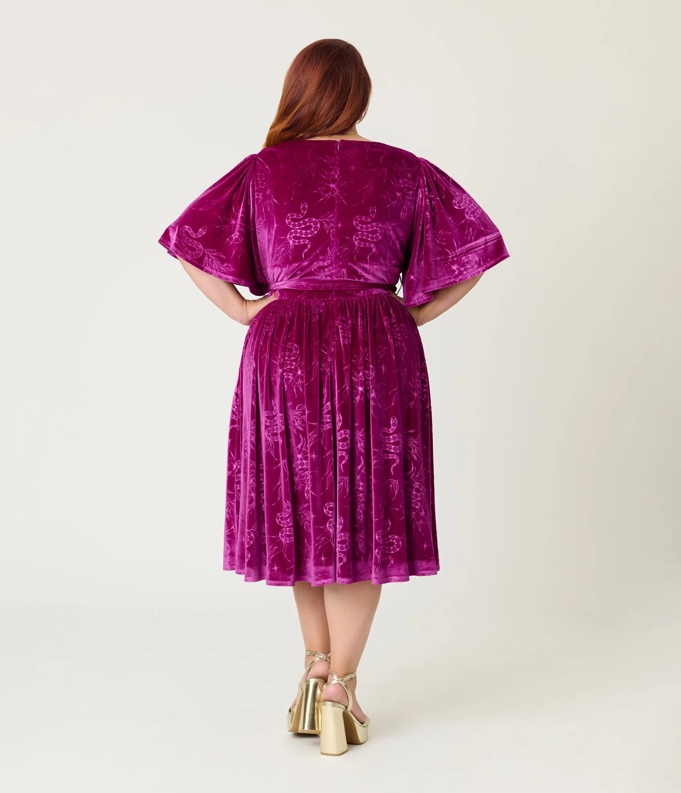 Unique Vintage Plus Size Magenta Velvet Embossed Snake Flutter Sleeve Lenora Swing Dress sold by Unique Vintage product image thumbnail 2