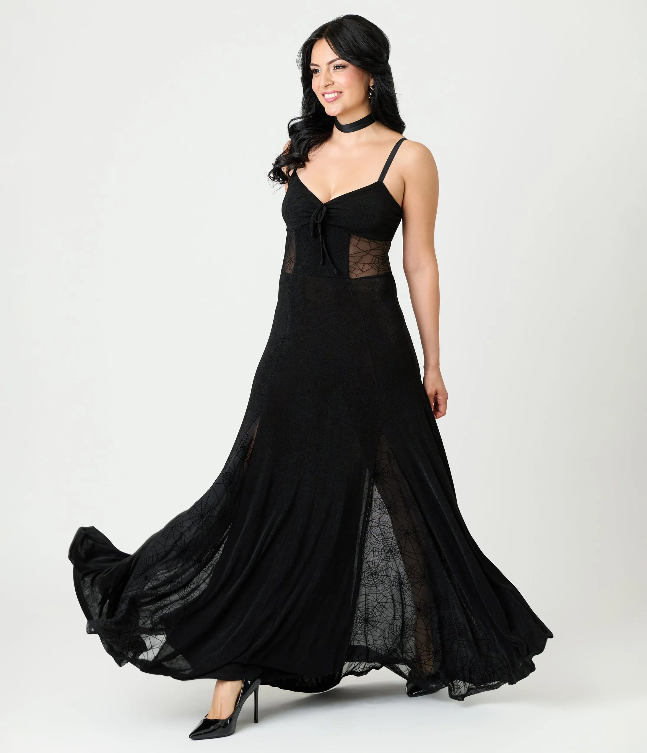 Unique Vintage Black Sheer Spiderweb Godet Maxi Dress sold by Unique Vintage