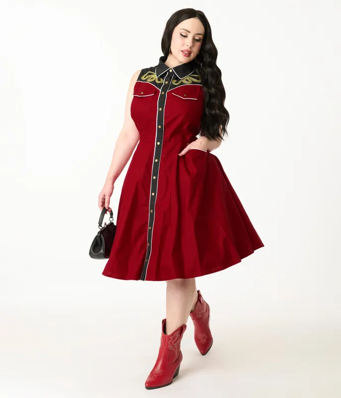 Unique Vintage Plus Size Burgundy & Gold Snake Embroidery Western Cotton Flare Dress sold by Unique Vintage