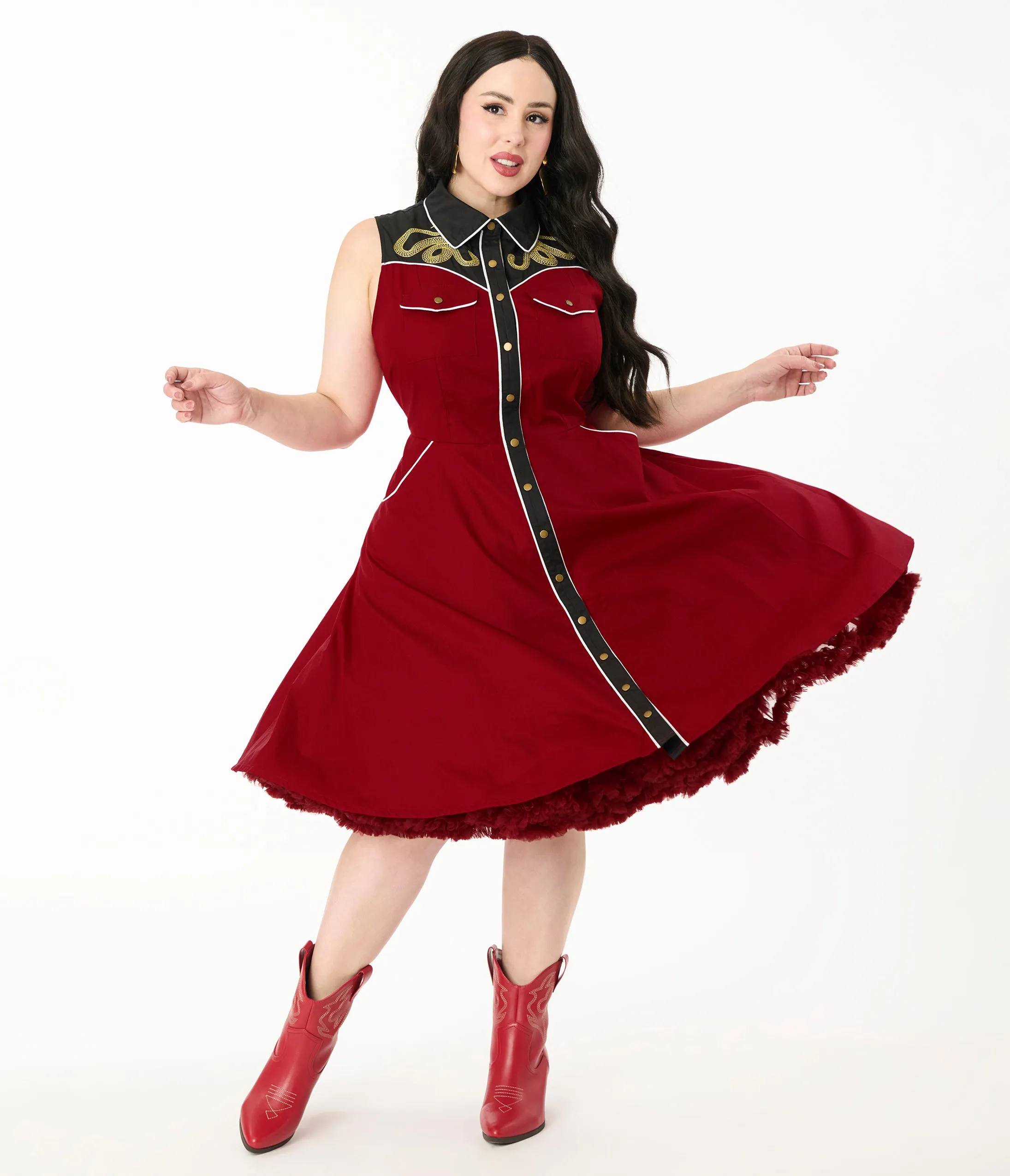 Unique Vintage Plus Size Burgundy & Gold Snake Embroidery Western Cotton Flare Dress sold by Unique Vintage product image thumbnail 5
