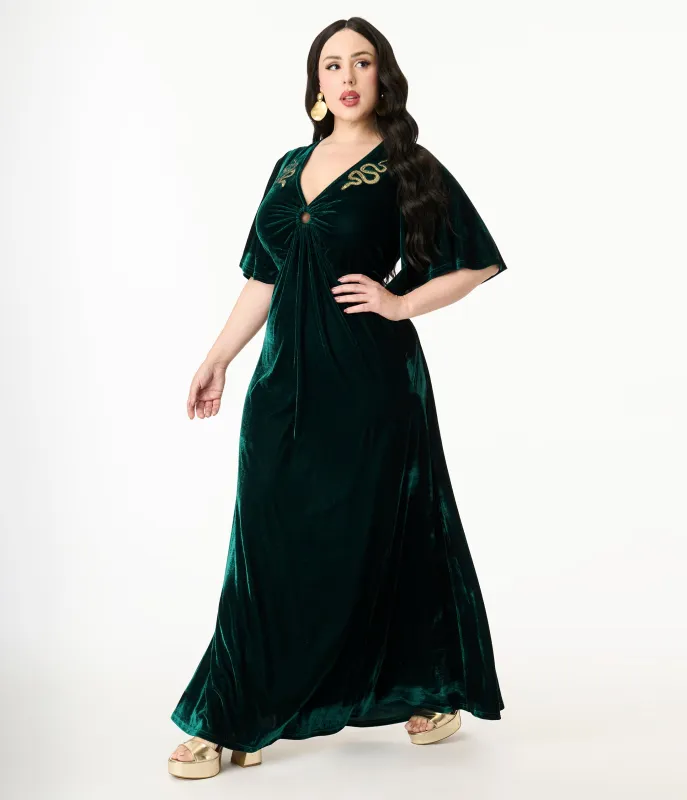 Smak Parlour Plus Size Emerald Velvet & Gold Snake Embroidered Cutout Maxi Dress sold by Unique Vintage