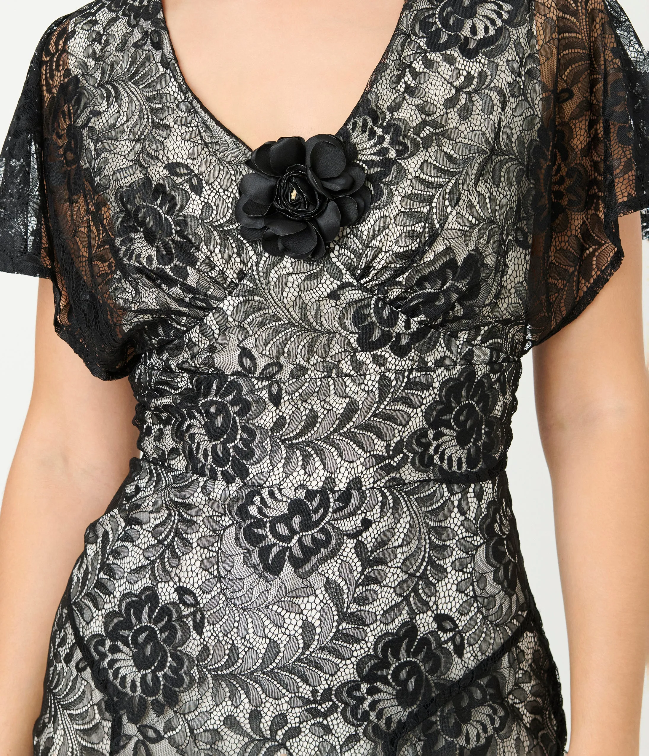 Unique Vintage Black Lace & Nude Lining Flutter Sleeve Gown sold by Unique Vintage product image thumbnail 4