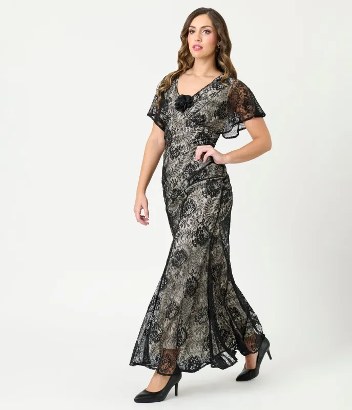 Unique Vintage Black Lace & Nude Lining Flutter Sleeve Gown sold by Unique Vintage