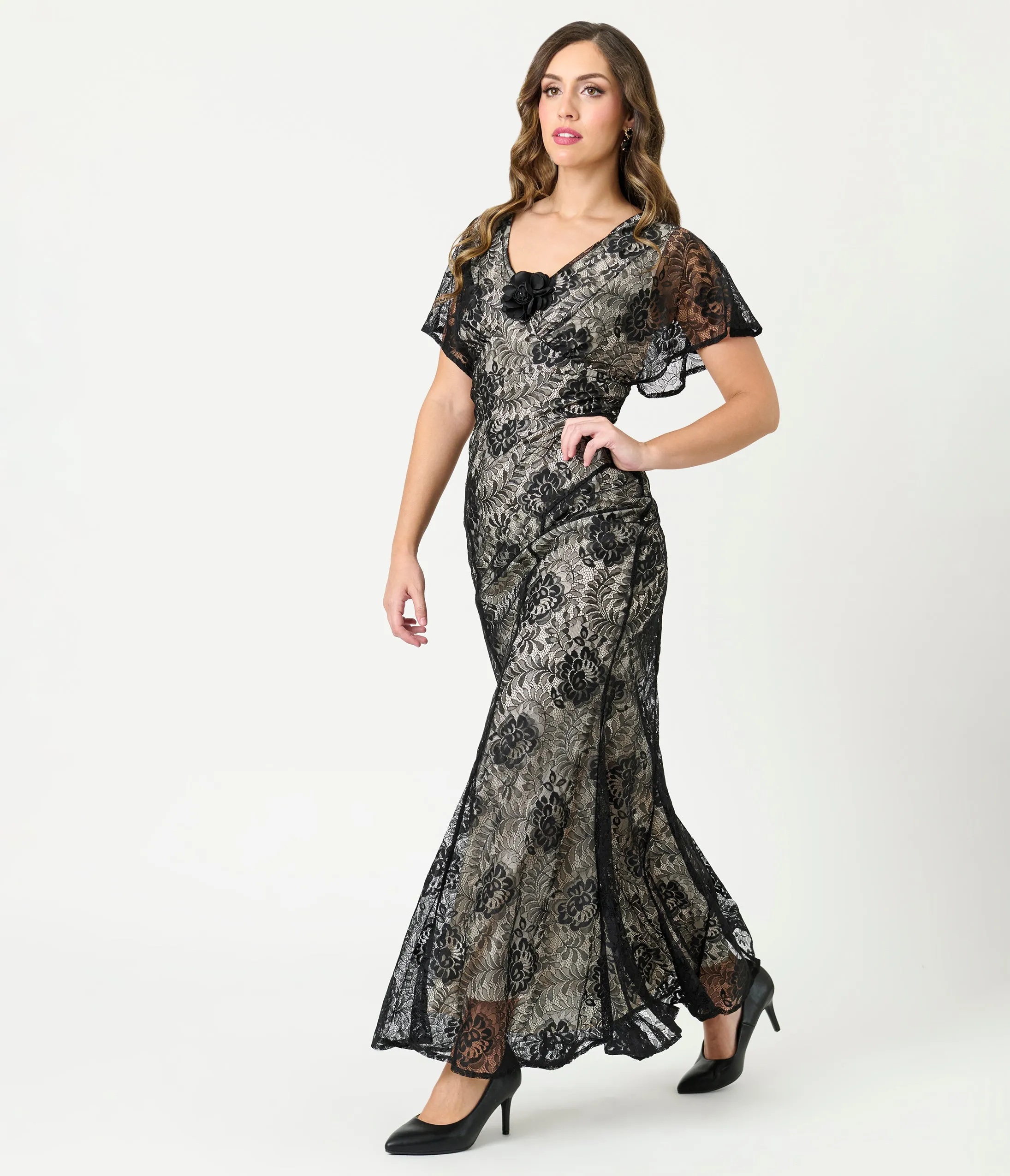 Unique Vintage Black Lace & Nude Lining Flutter Sleeve Gown sold by Unique Vintage