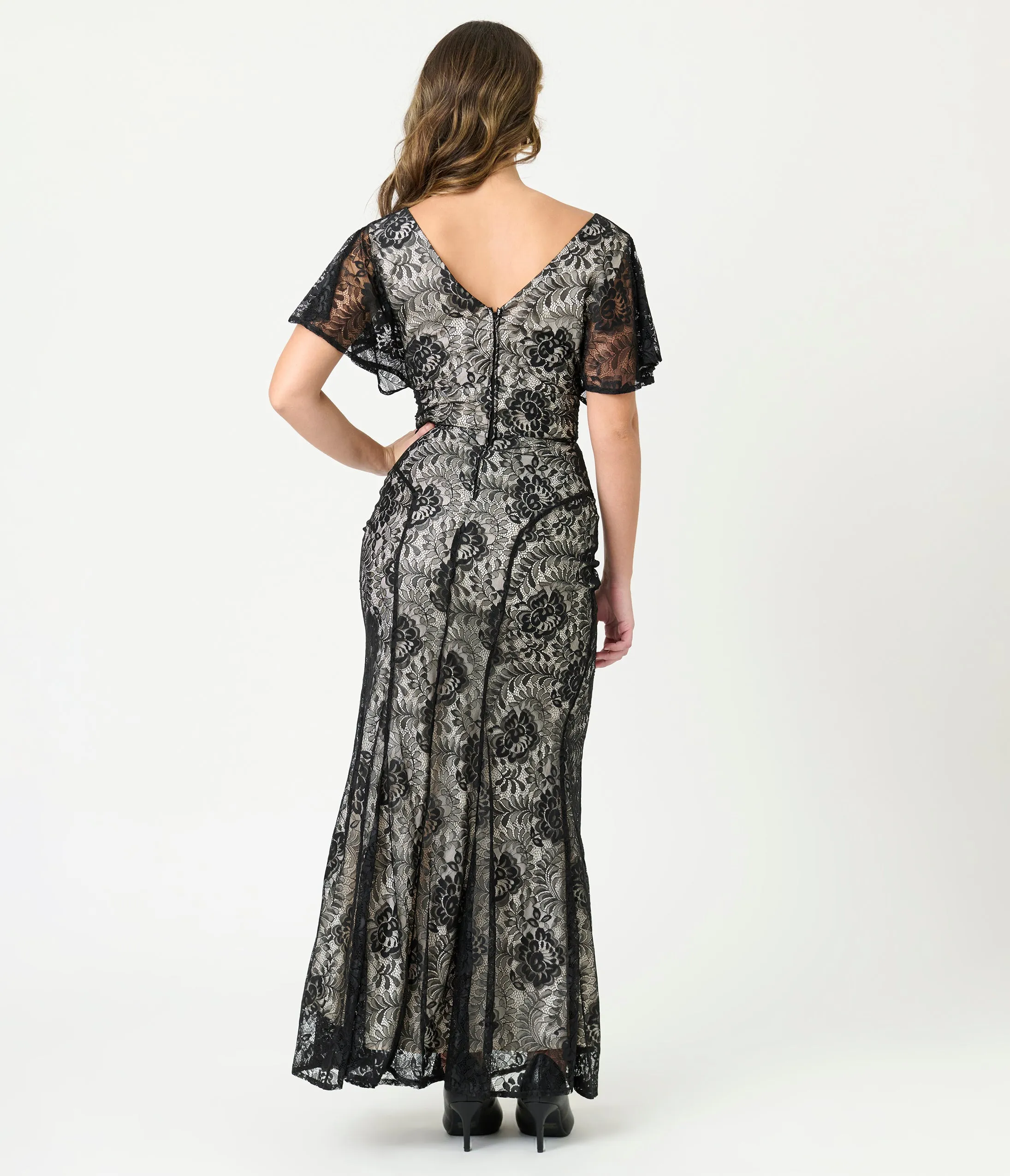 Unique Vintage Black Lace & Nude Lining Flutter Sleeve Gown sold by Unique Vintage product image thumbnail 2