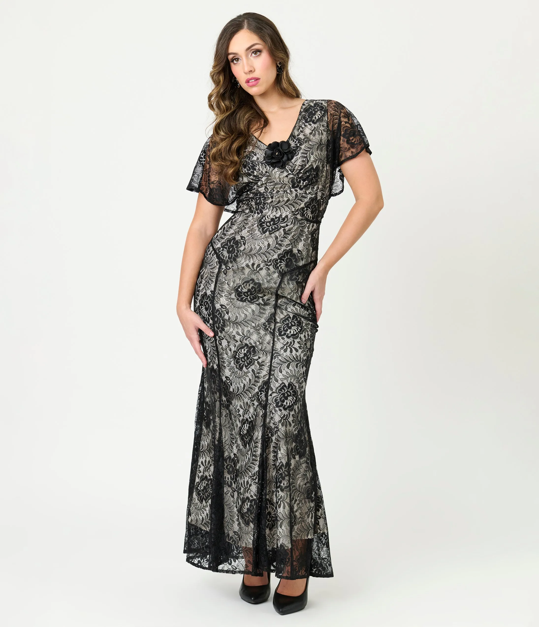 Unique Vintage Black Lace & Nude Lining Flutter Sleeve Gown sold by Unique Vintage product image thumbnail 3