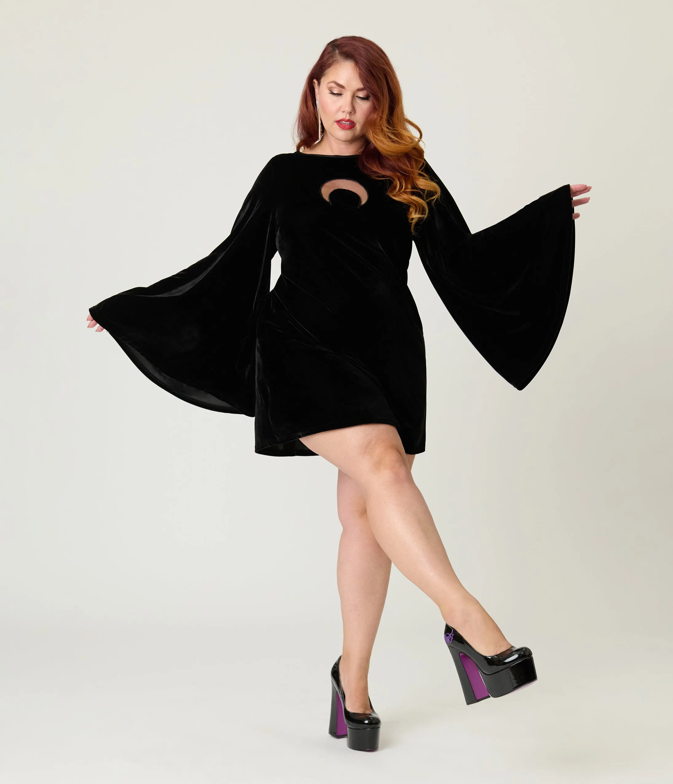 Smak Parlour Plus Size Black Velvet Moon Cutout Downtown Scene Mini Dress sold by Unique Vintage