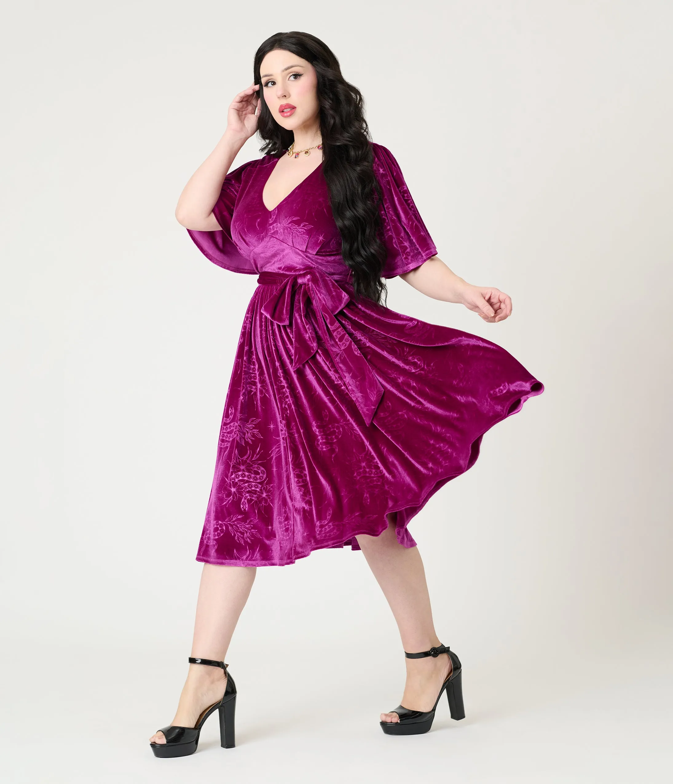 Unique Vintage Magenta Velvet Embossed Snake Flutter Sleeve Lenora Swing Dress sold by Unique Vintage product image thumbnail 3