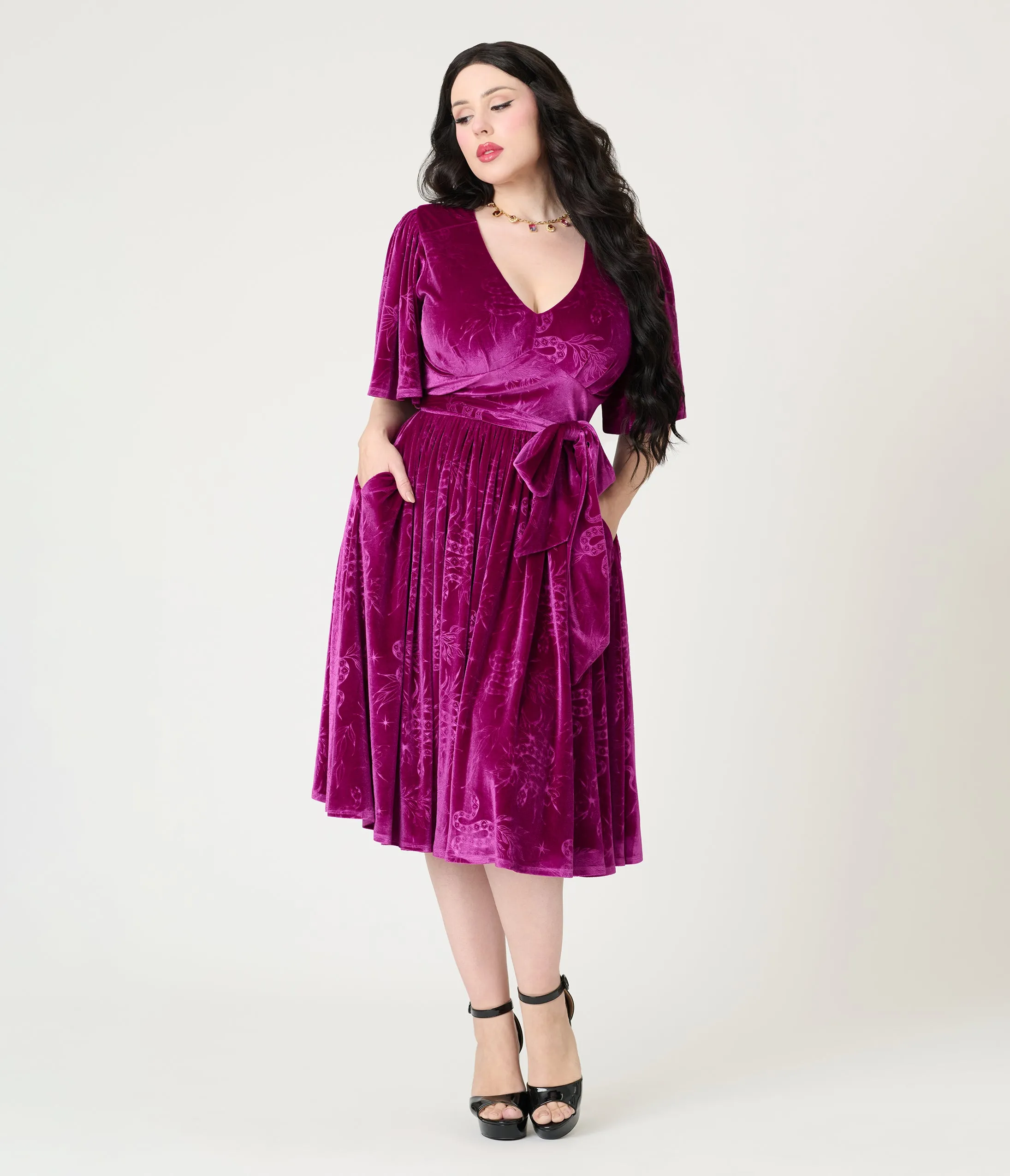 Unique Vintage Magenta Velvet Embossed Snake Flutter Sleeve Lenora Swing Dress sold by Unique Vintage product image thumbnail 4