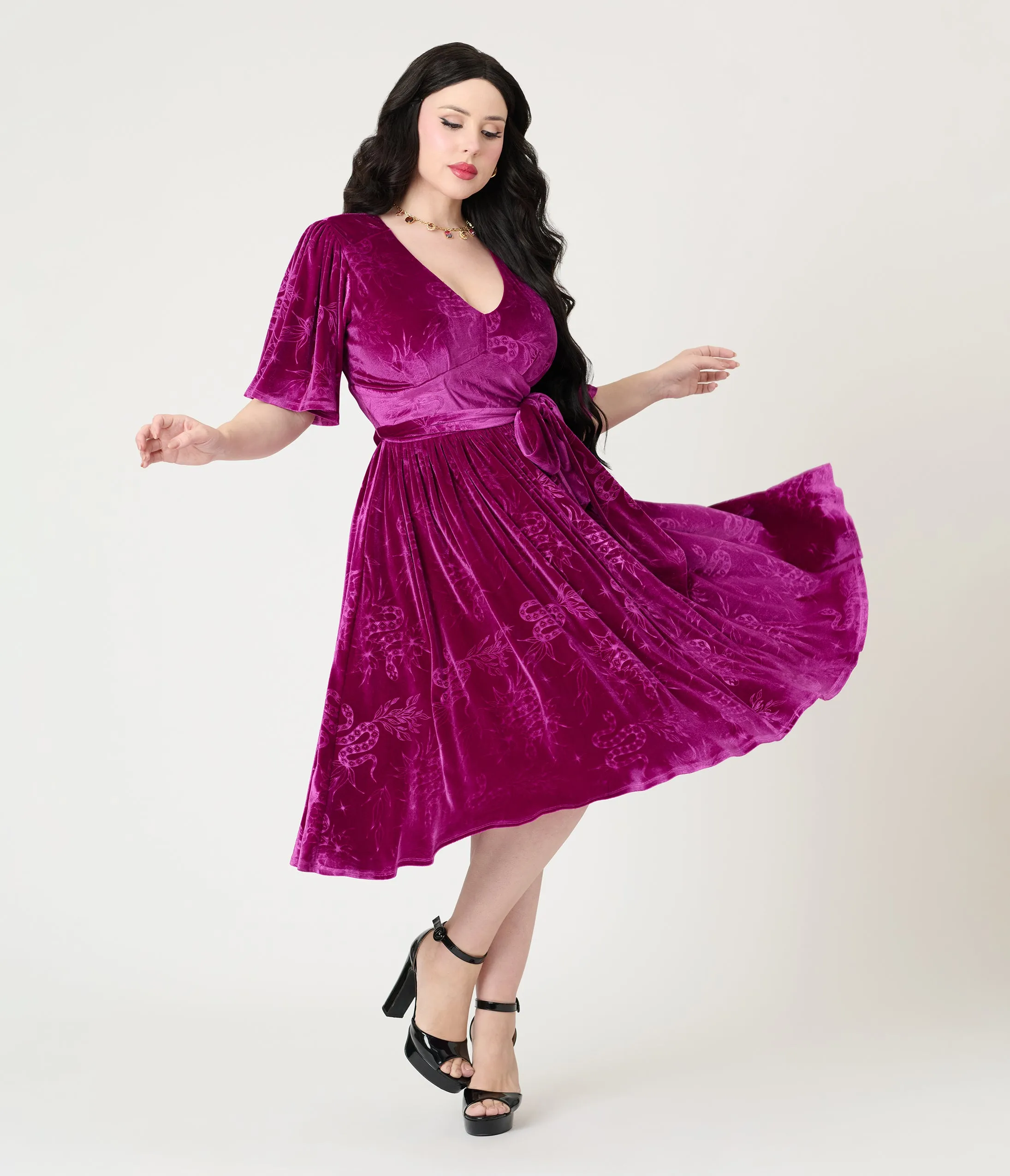 Unique Vintage Magenta Velvet Embossed Snake Flutter Sleeve Lenora Swing Dress sold by Unique Vintage