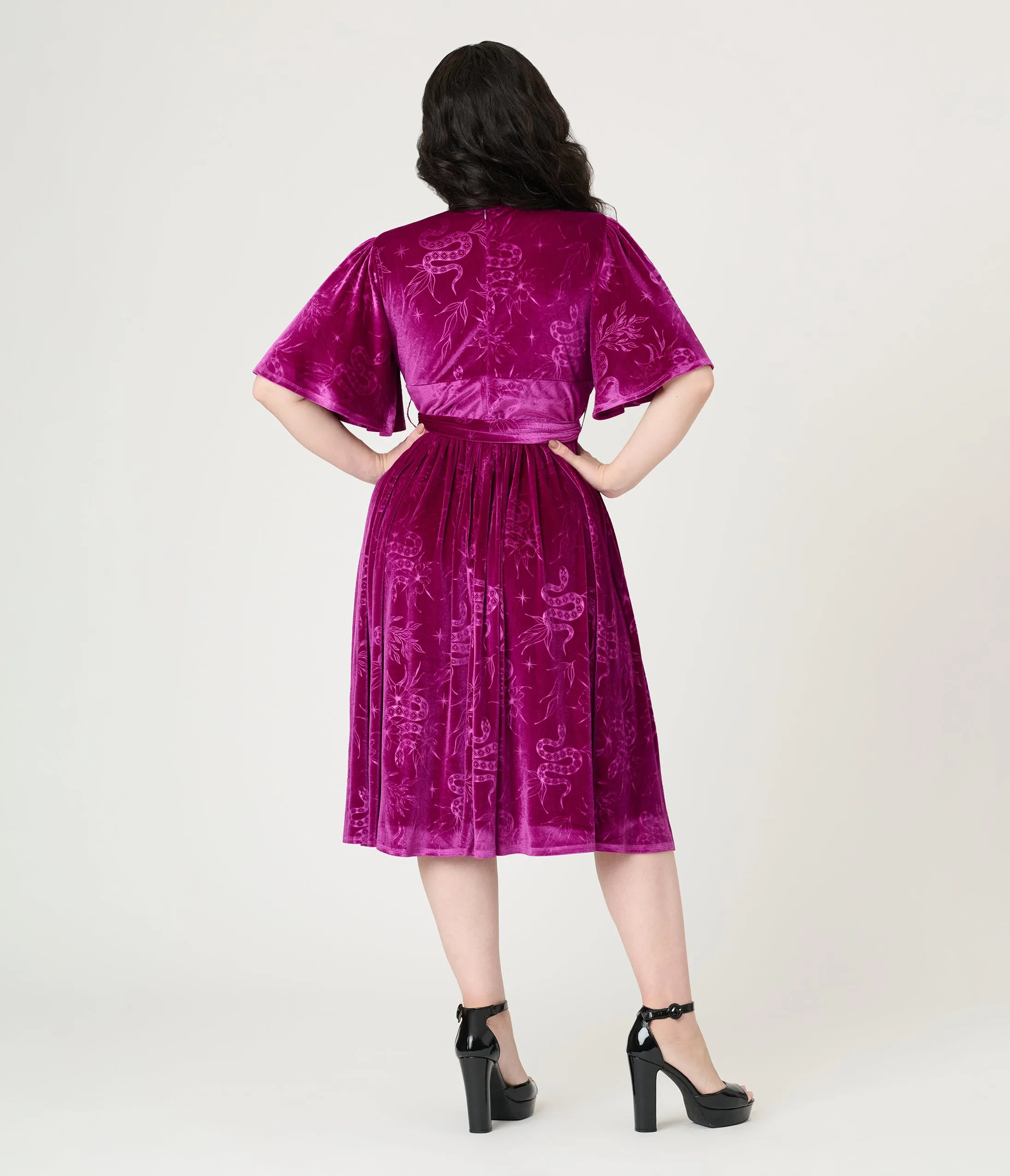 Unique Vintage Magenta Velvet Embossed Snake Flutter Sleeve Lenora Swing Dress sold by Unique Vintage product image thumbnail 2