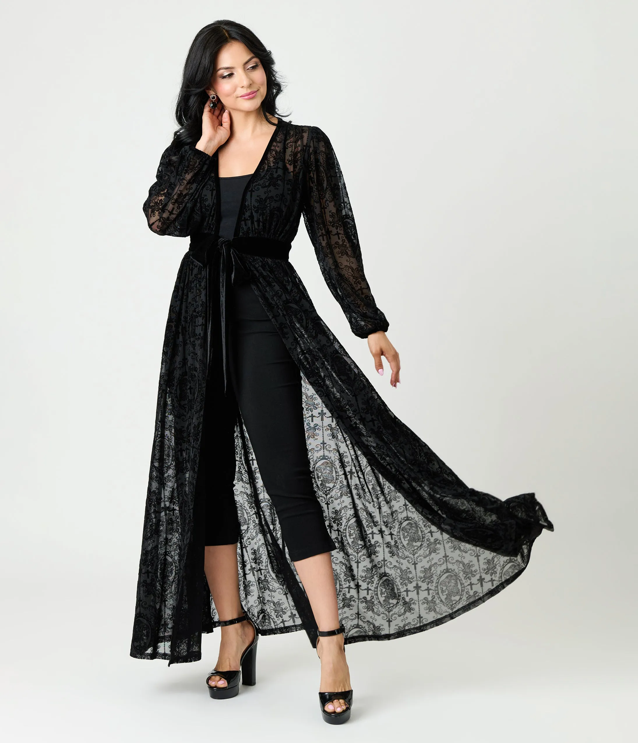 Unique Vintage Black Flocked La Caterina Hollywood Duster sold by Unique Vintage