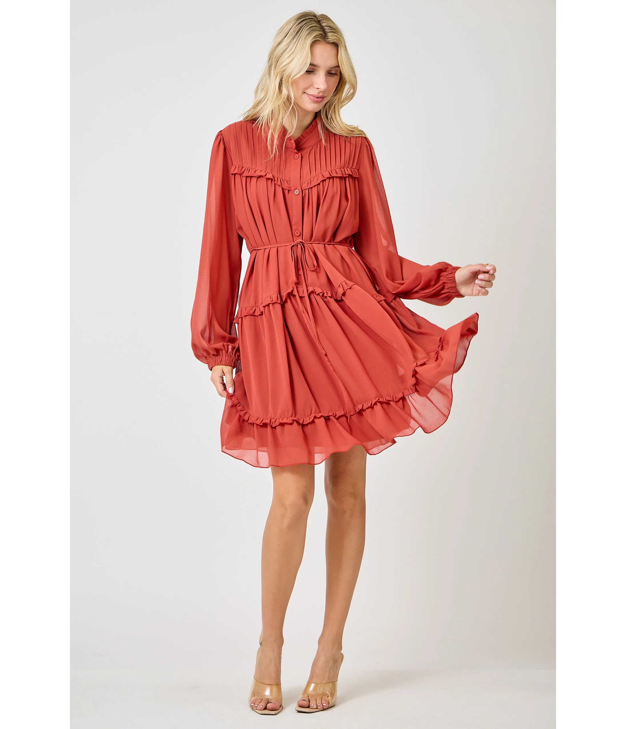 Rust Red Chiffon Flare Dress sold by Unique Vintage