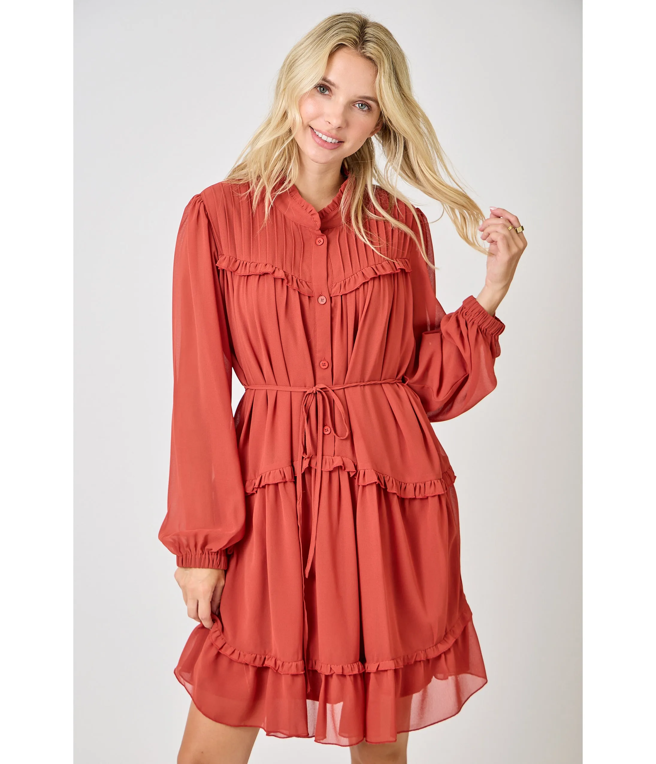 Rust Red Chiffon Flare Dress sold by Unique Vintage product image thumbnail 2