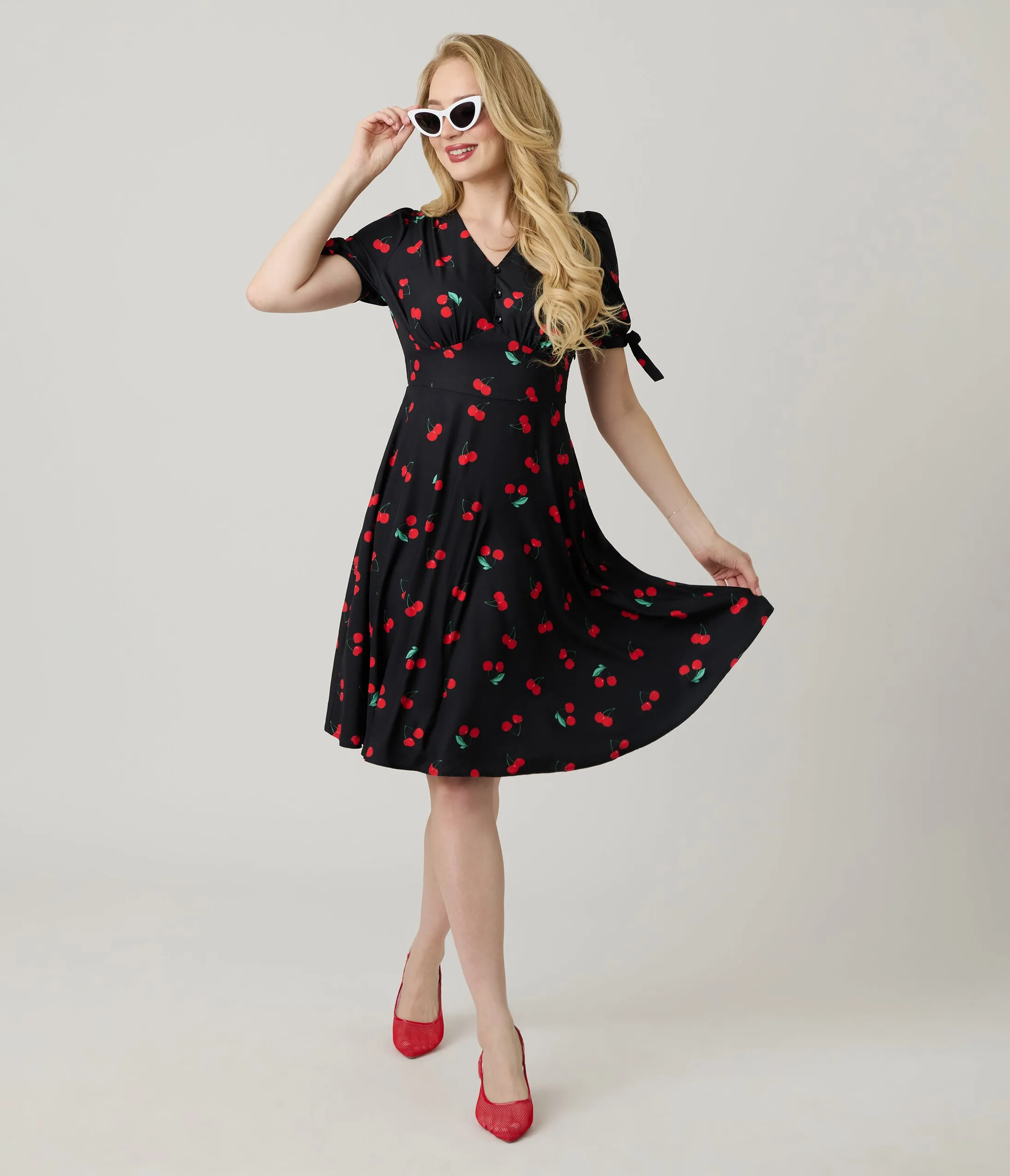 Black & Cherry Print Fit & Flare Dress sold by Unique Vintage product image thumbnail 3