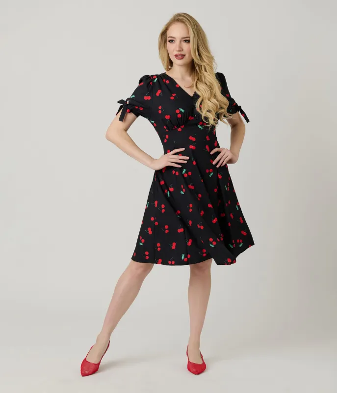 Black & Cherry Print Fit & Flare Dress sold by Unique Vintage