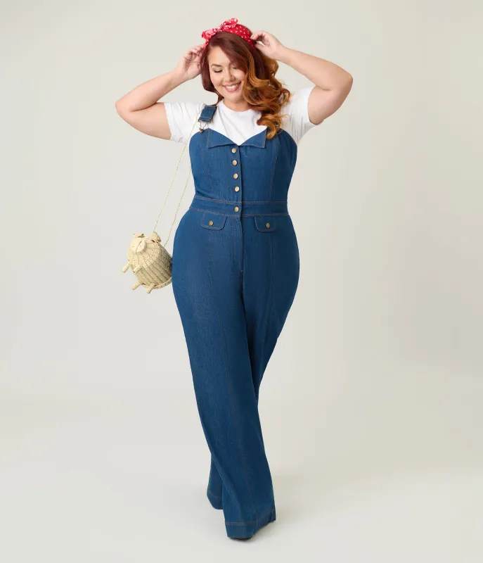 Smak Parlour Plus Size Blue Denim Wide Leg Dungarees sold by Unique Vintage