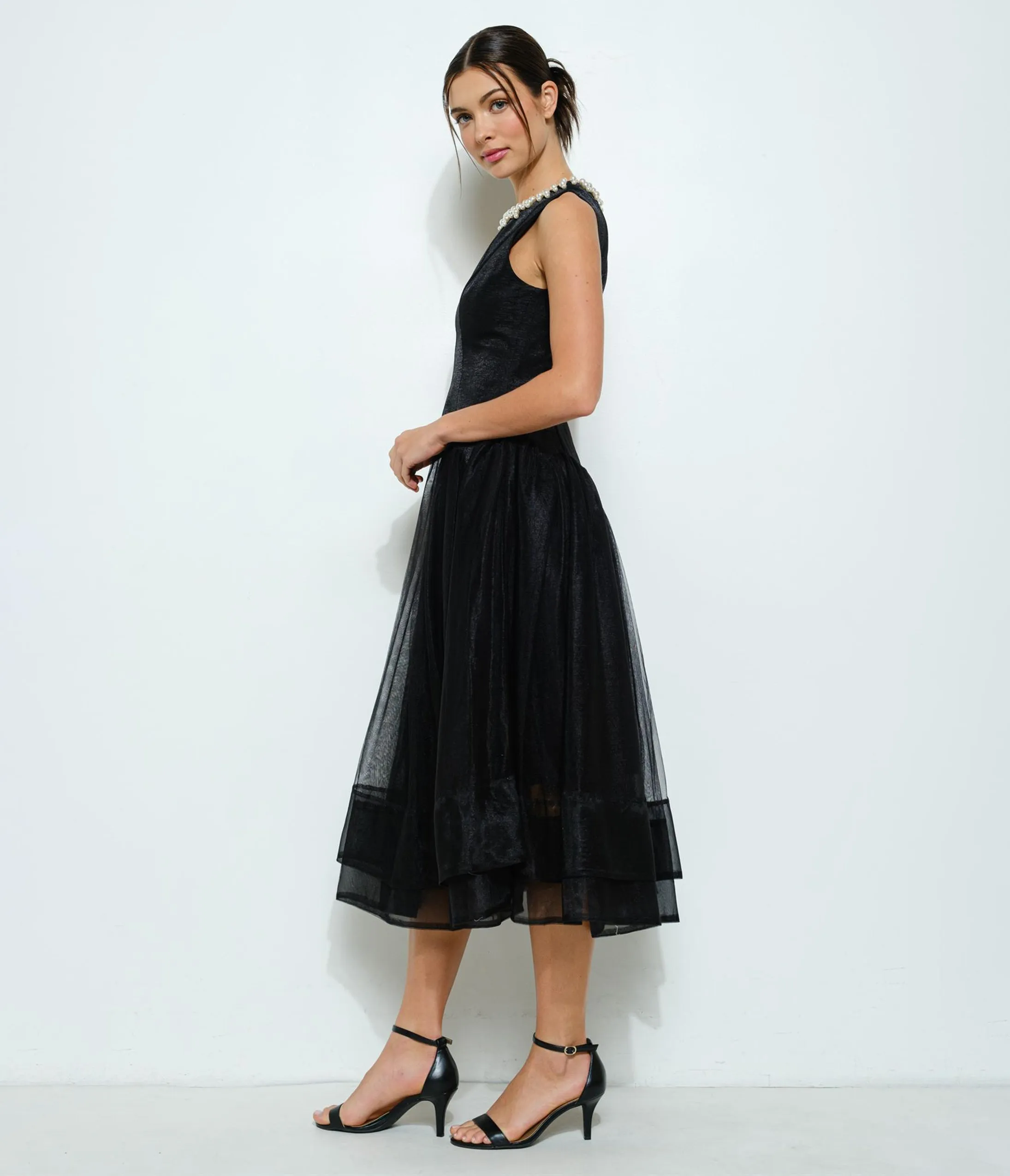 Black Tulle & Pearl Collar Midi Dress sold by Unique Vintage product image thumbnail 2