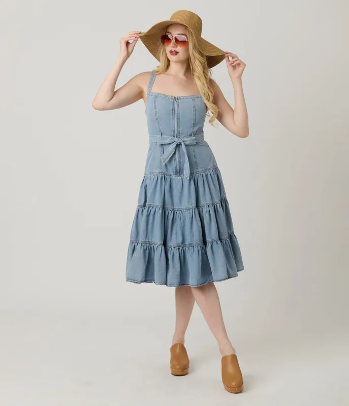 Light Wash Denim Tiered Midi Dress sold by Unique Vintage