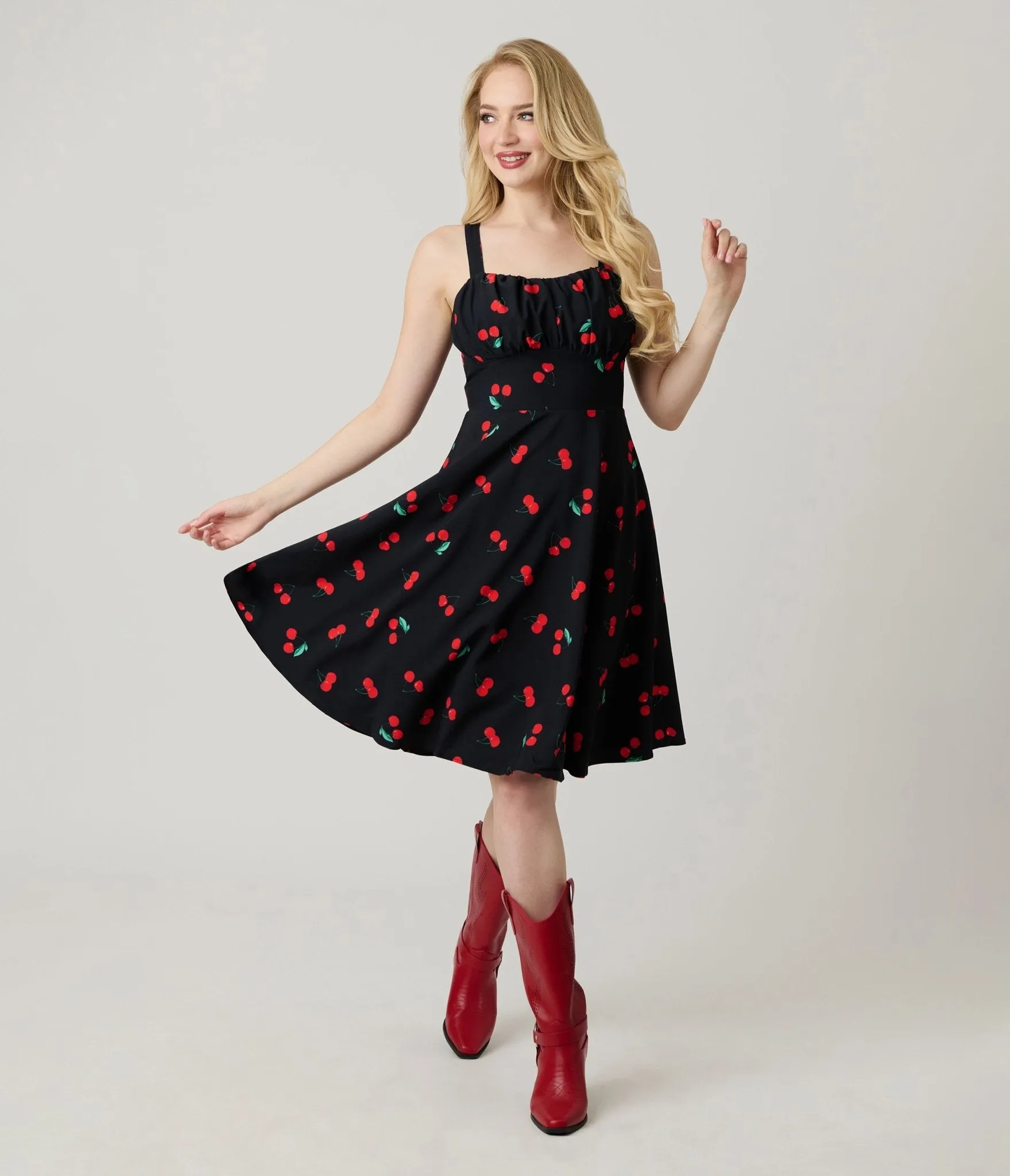 Black Cherry Print Sleeveless Fit & Flare Dress sold by Unique Vintage product image thumbnail 3