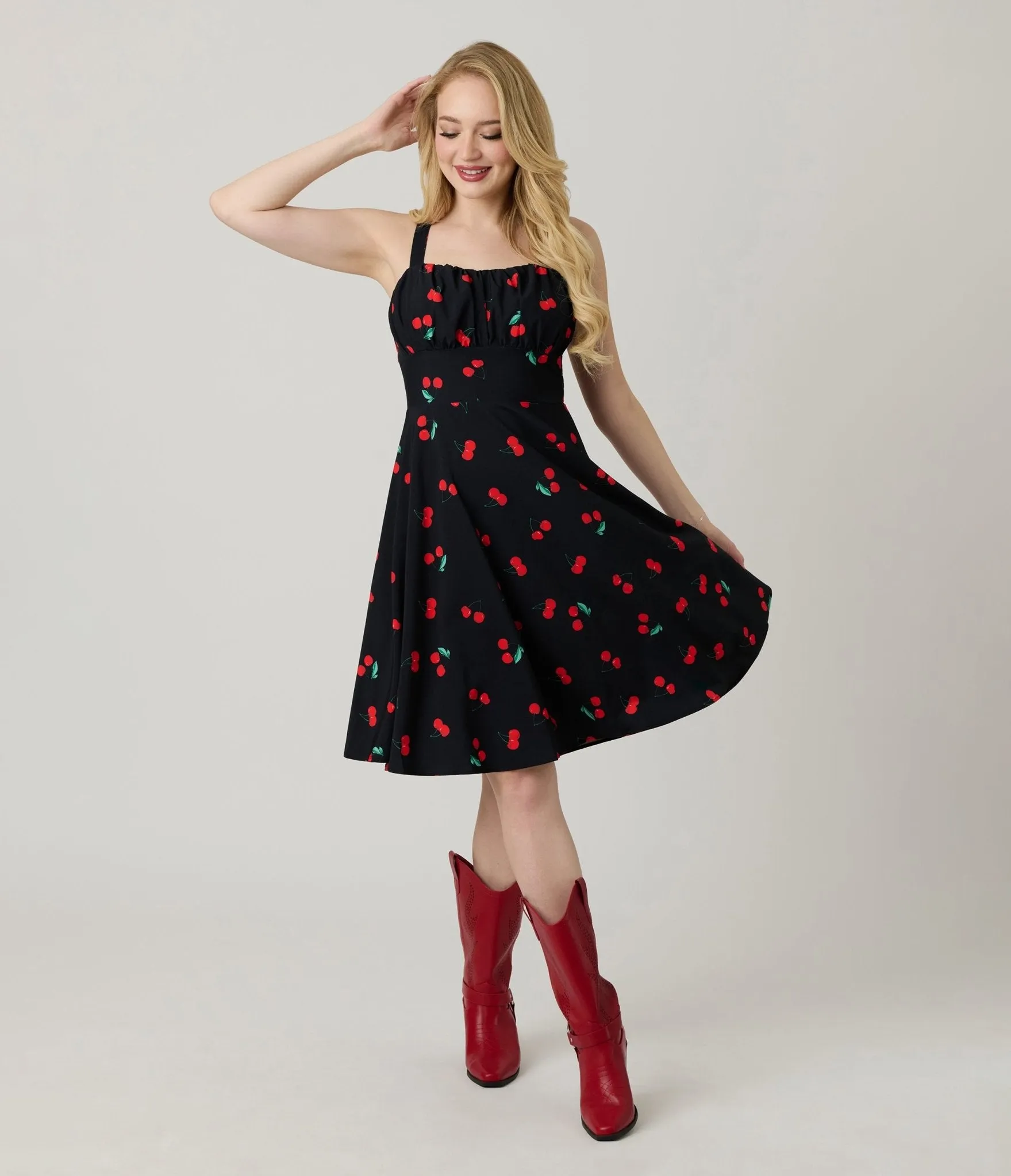 Black Cherry Print Sleeveless Fit & Flare Dress sold by Unique Vintage