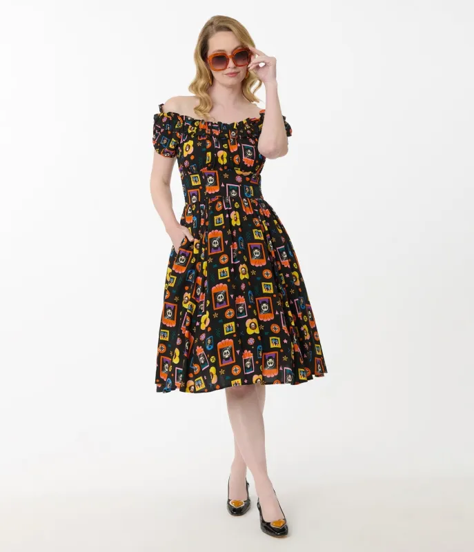 Disney Pixar Coco Collection by Unique Vintage Black Day of the Dead Print Ruffle Swing Dress sold by Unique Vintage