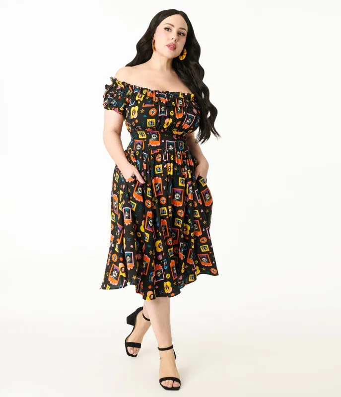 Disney Pixar Coco Collection by Unique Vintage Plus Size Black Day of the Dead Print Ruffle Swing Dress sold by Unique Vintage