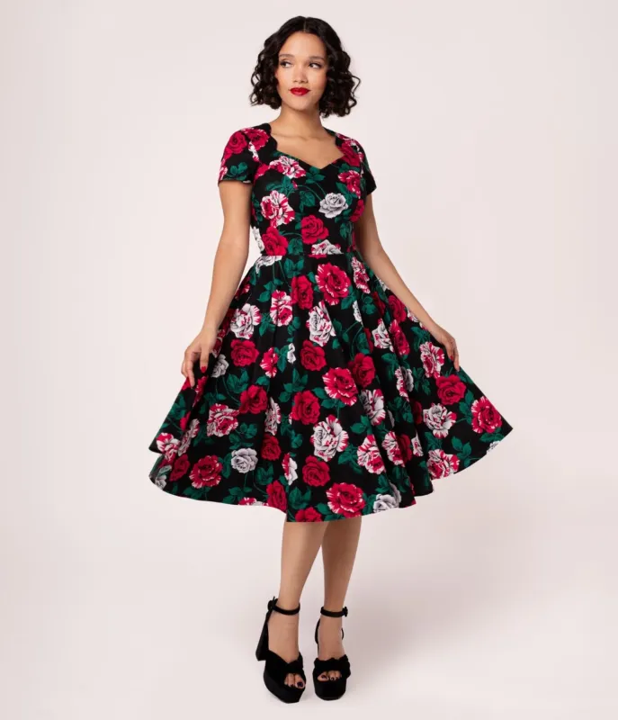 Hell Bunny Black & Painted Roses Swing Dress sold by Unique Vintage