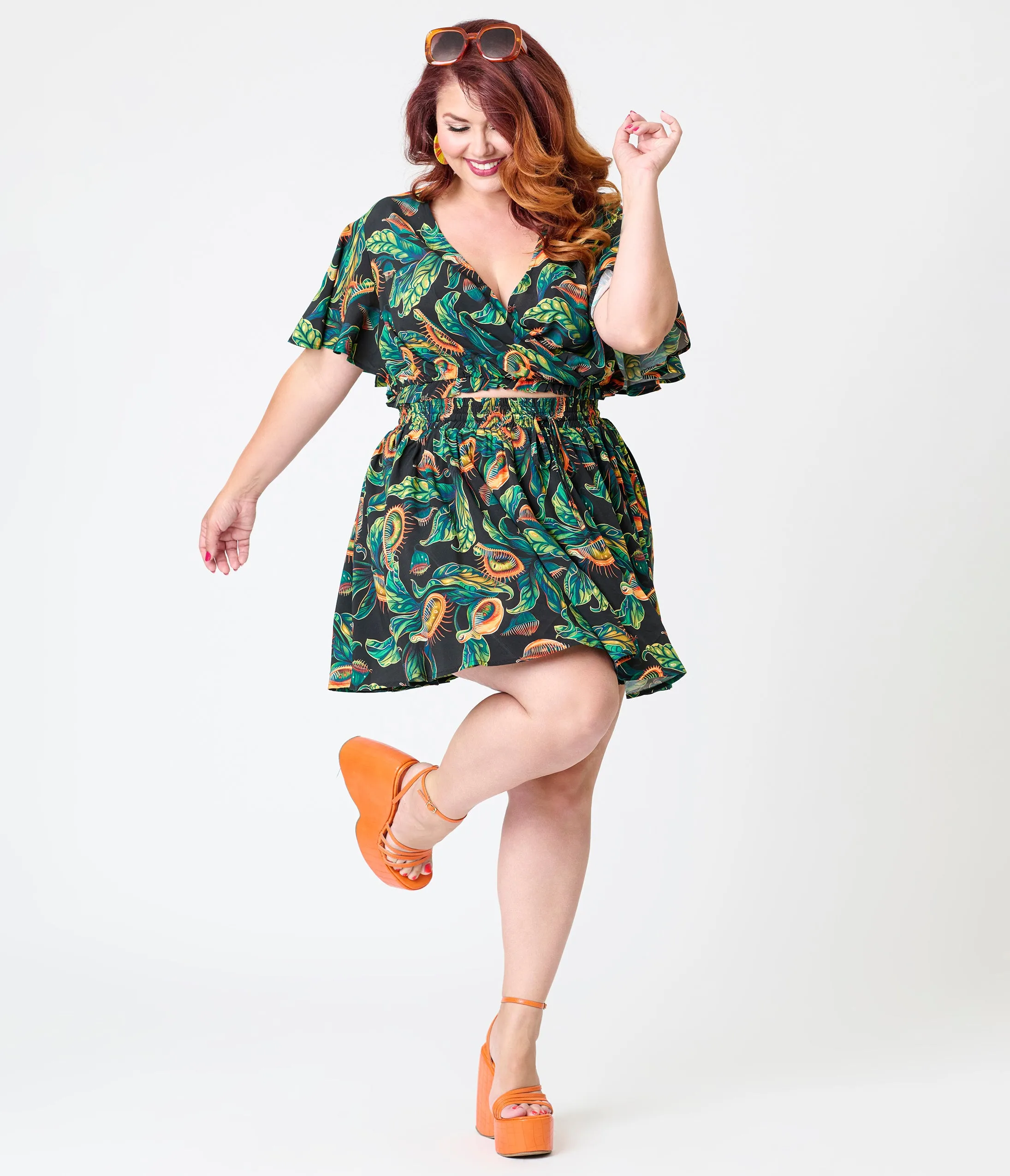 Unique Vintage Plus Size Black & Green Venus Flytrap Print Daryl Skort sold by Unique Vintage