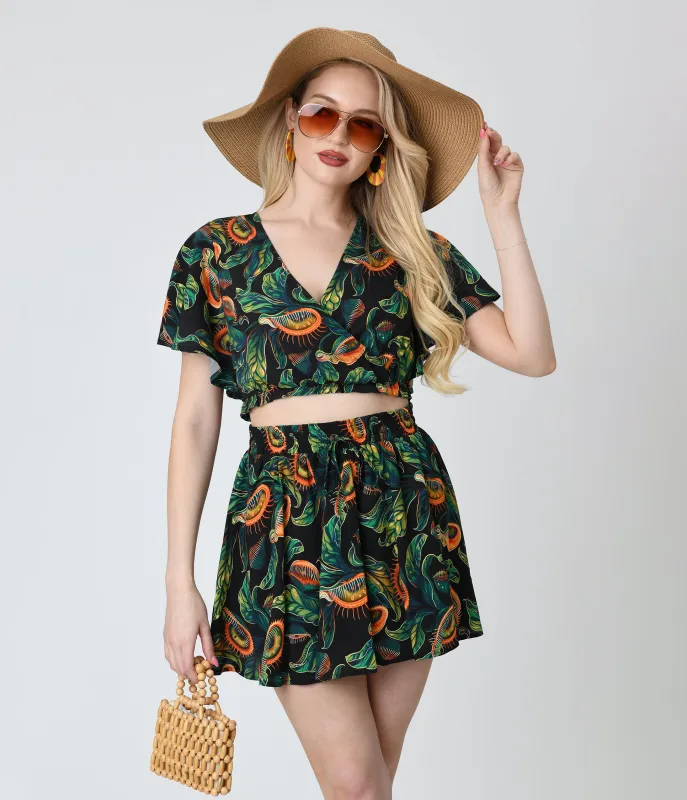 Unique Vintage Black & Green Venus Flytrap Print Dottie Crop Top sold by Unique Vintage