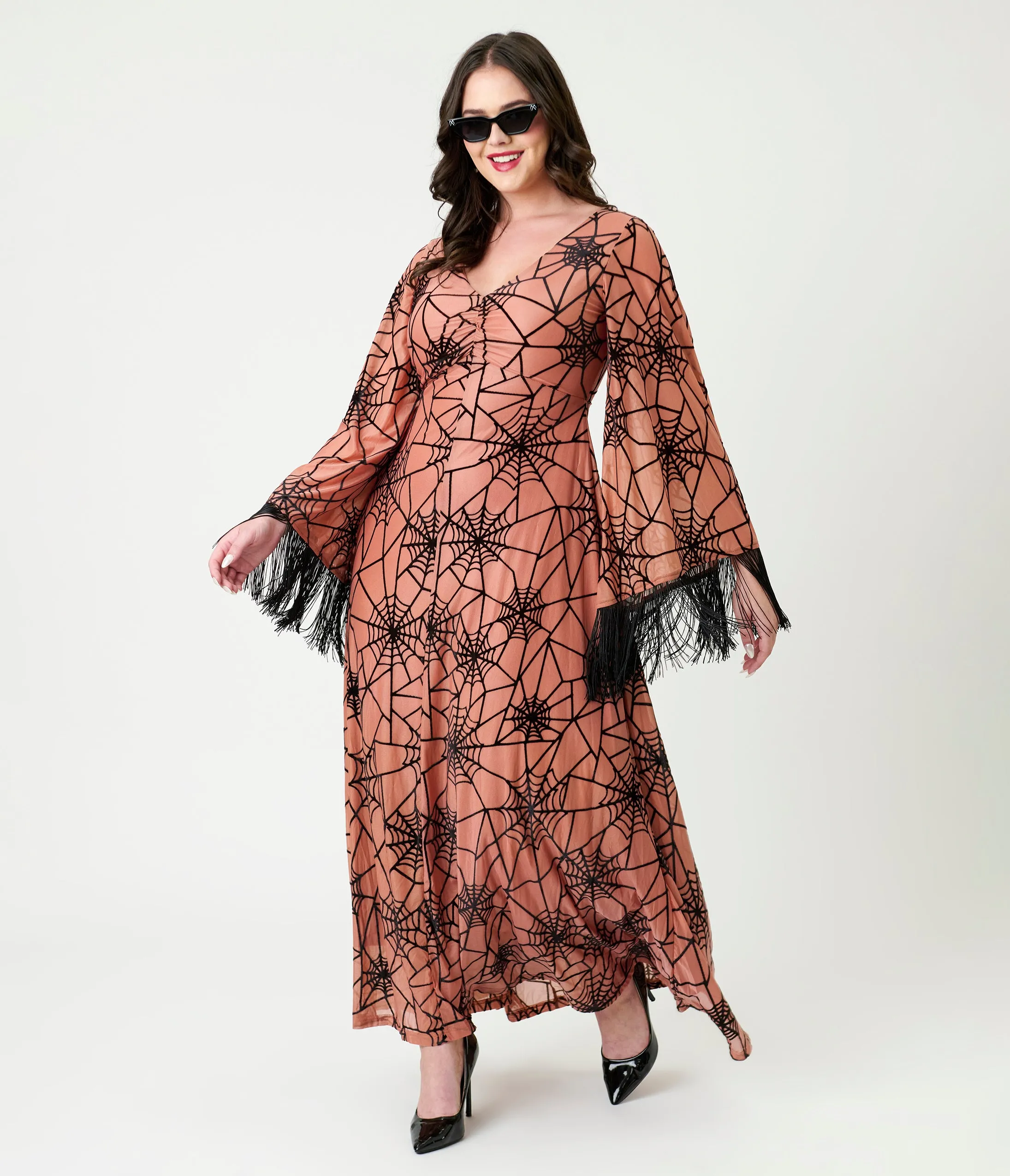 Smak Parlour Nude & Black Spiderweb Fringe Sleeve Stevie Maxi Dress sold by Unique Vintage product image thumbnail 3