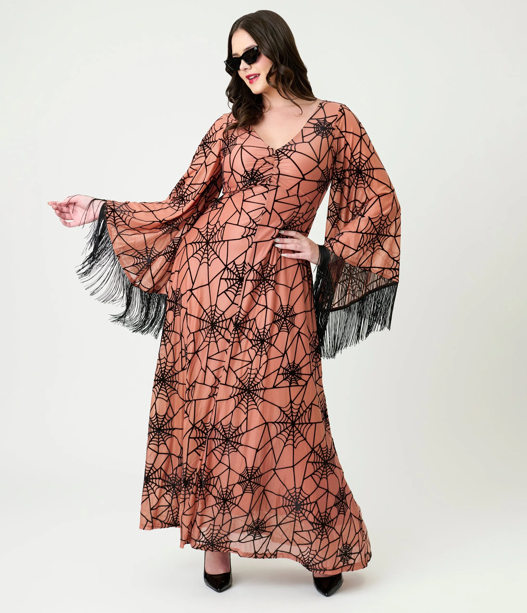 Smak Parlour Nude & Black Spiderweb Fringe Sleeve Stevie Maxi Dress sold by Unique Vintage product image thumbnail 4
