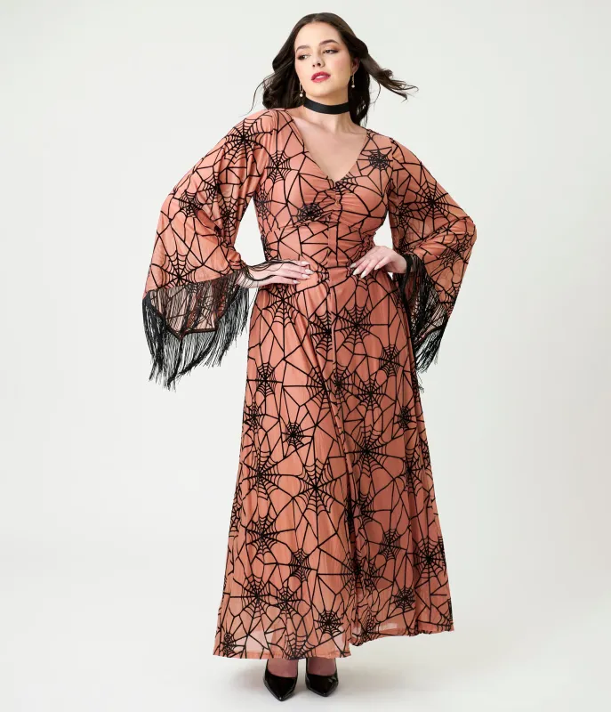 Smak Parlour Nude & Black Spiderweb Fringe Sleeve Stevie Maxi Dress sold by Unique Vintage