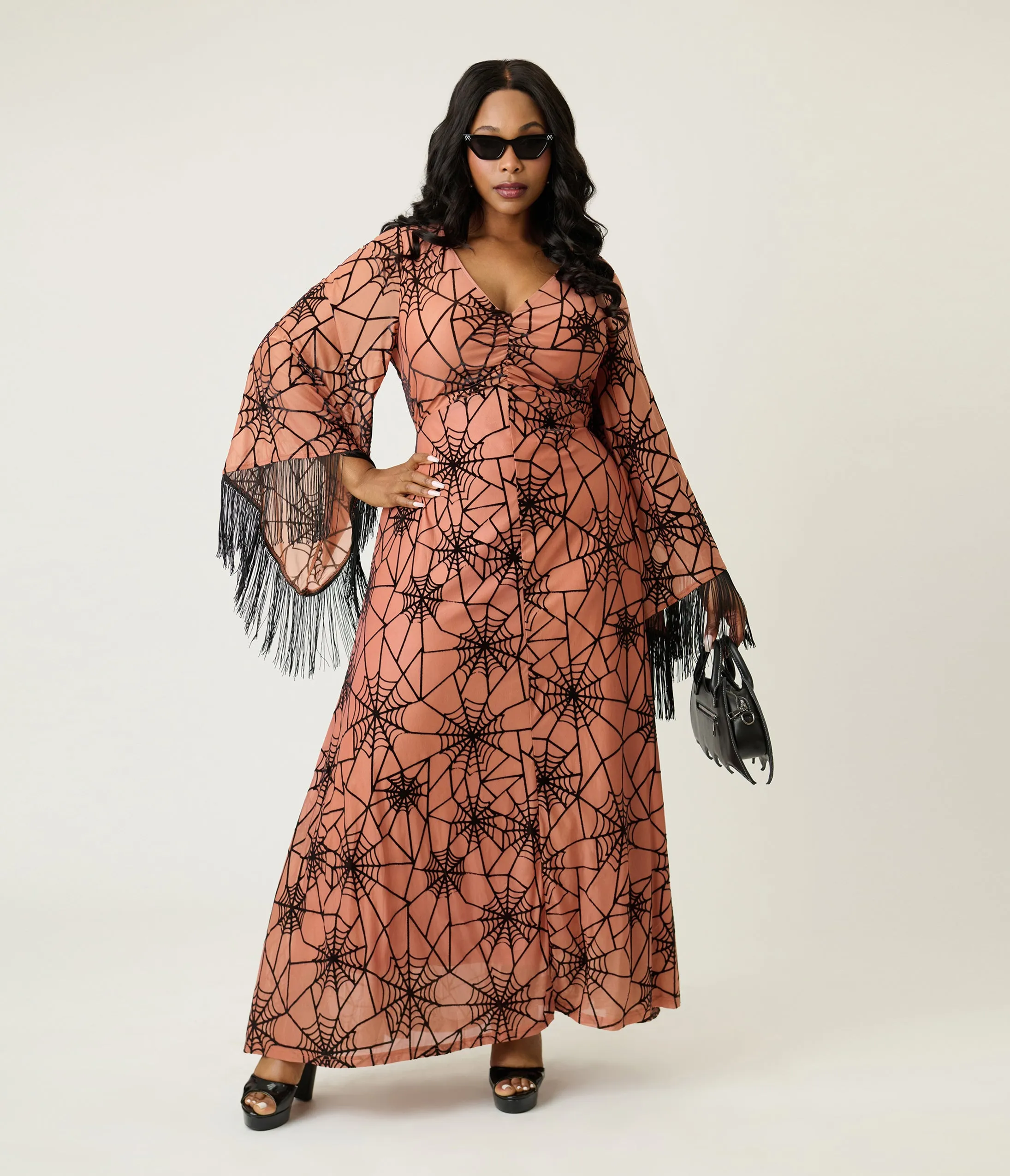 Smak Parlour Plus Size Nude & Black Spiderweb Fringe Sleeve Stevie Maxi Dress sold by Unique Vintage