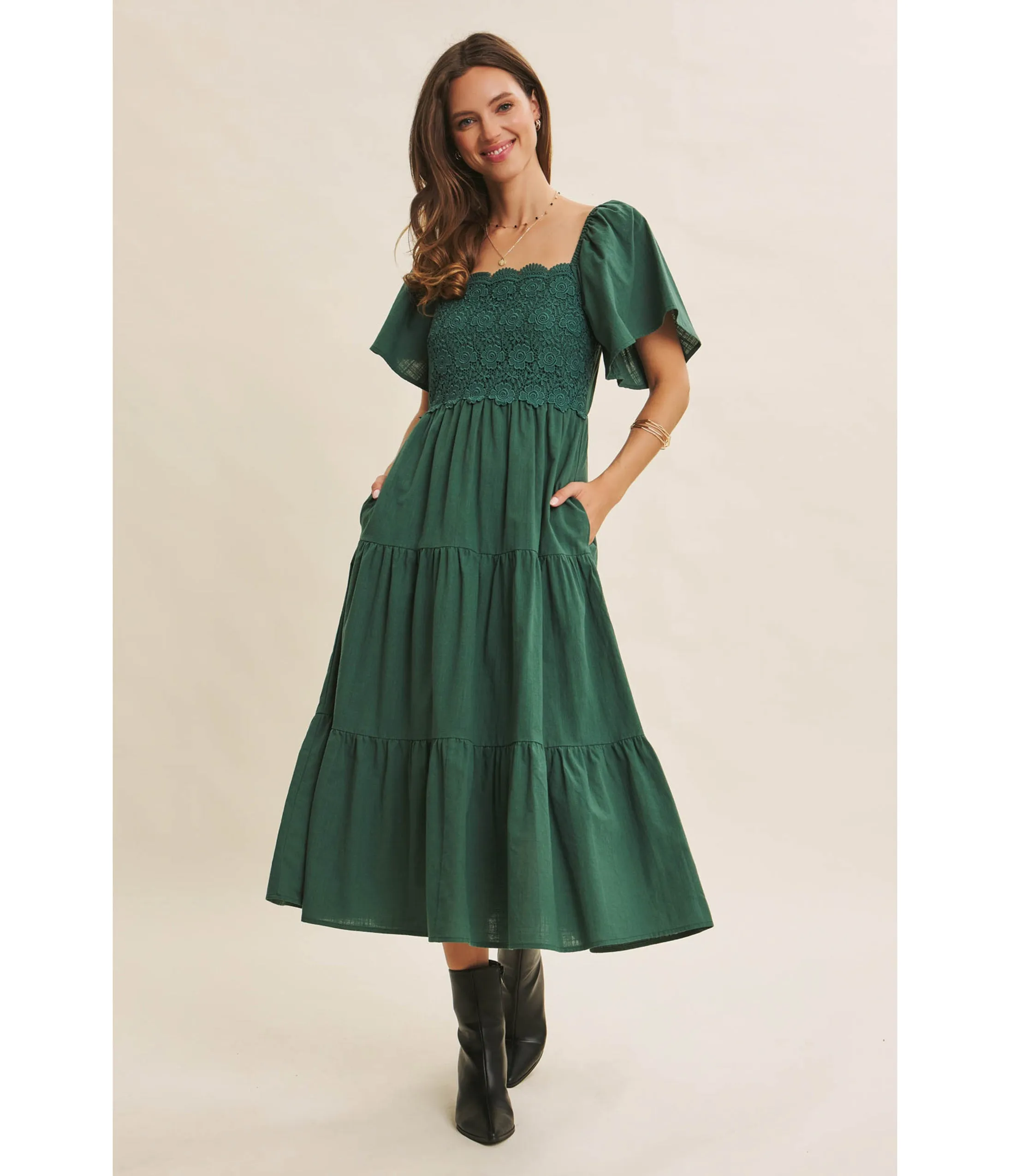 Forest Green Tiered Midi Dress sold by Unique Vintage