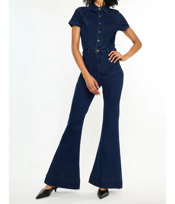 Black Denim Flare Jumpsuit sold by Unique Vintage