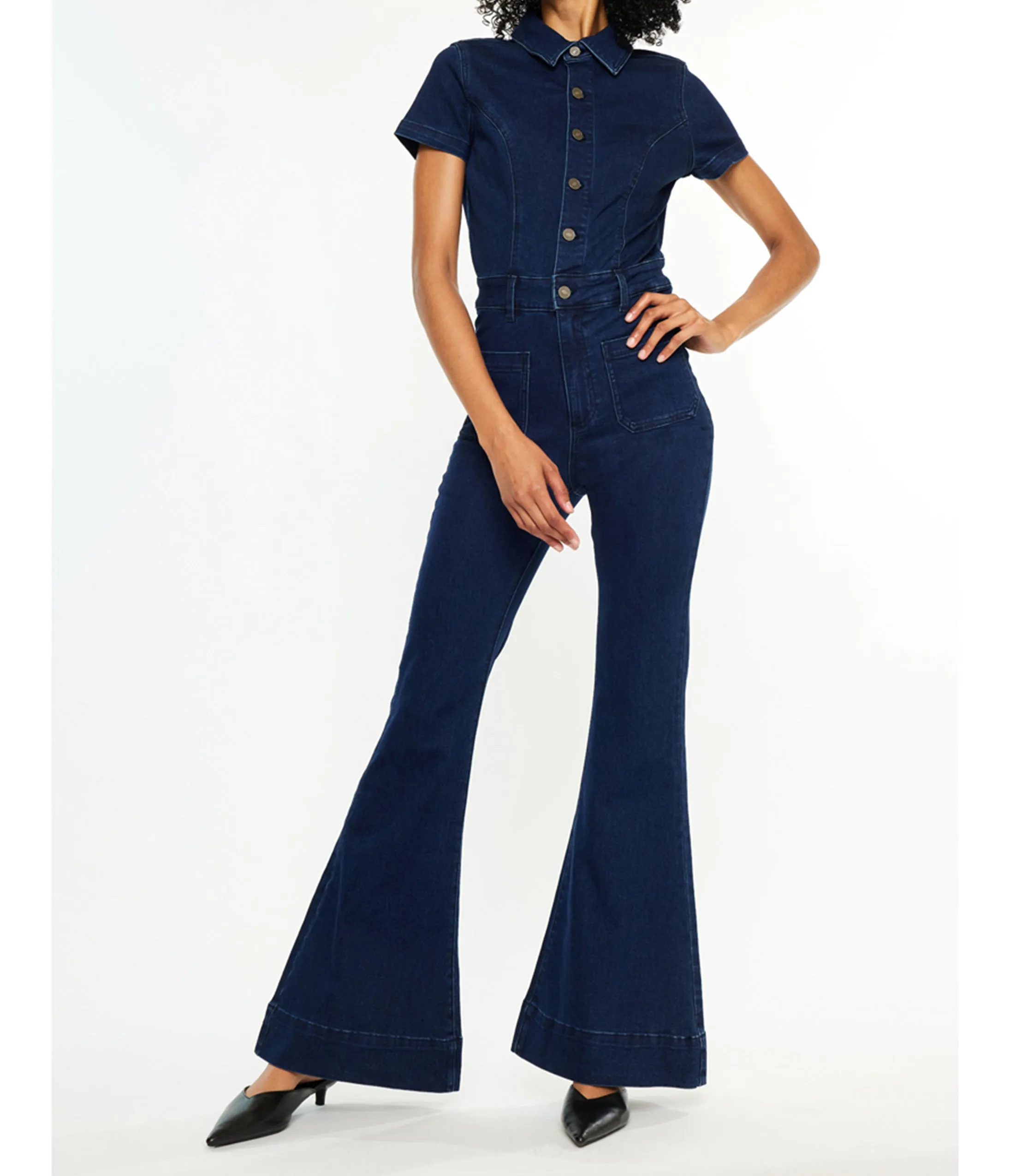 Black Denim Flare Jumpsuit sold by Unique Vintage