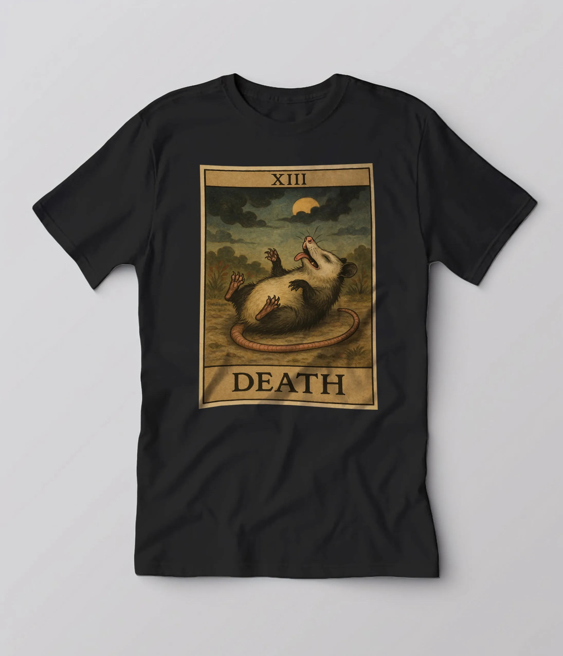 Possum Playing Death Tarot Unisex Graphic Tee sold by Unique Vintage