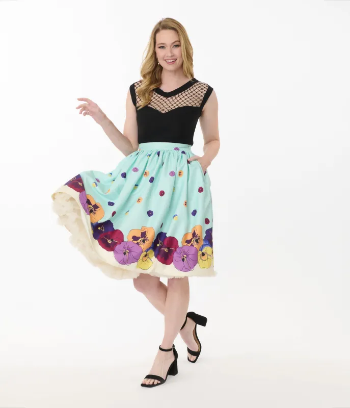 Unique Vintage Blue Dancing Pansies Gellar Swing Skirt sold by Unique Vintage