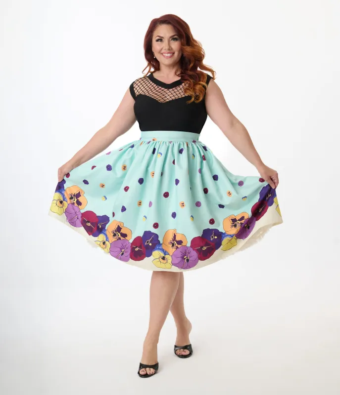 Unique Vintage Plus Size Blue Dancing Pansies Gellar Swing Skirt sold by Unique Vintage