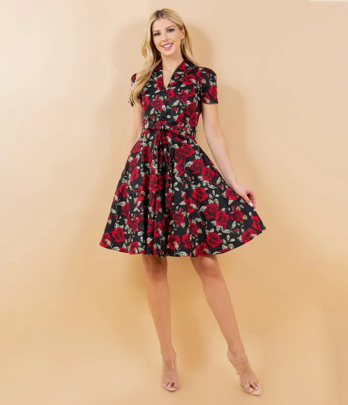 Black & Red Rose Print Cotton Flare Dress sold by Unique Vintage