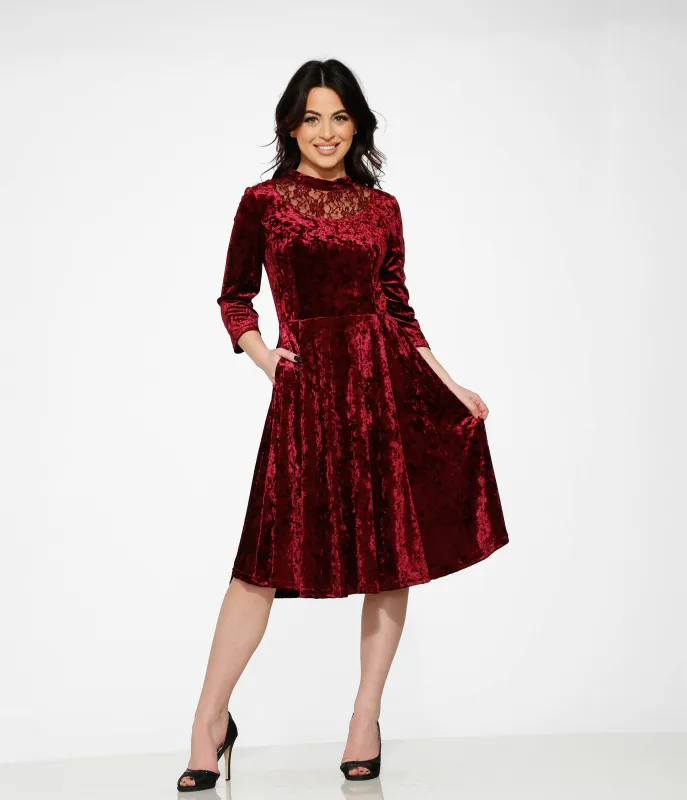 Orchid Bloom Burgundy Crushed Velvet Swing Dress sold by Unique Vintage