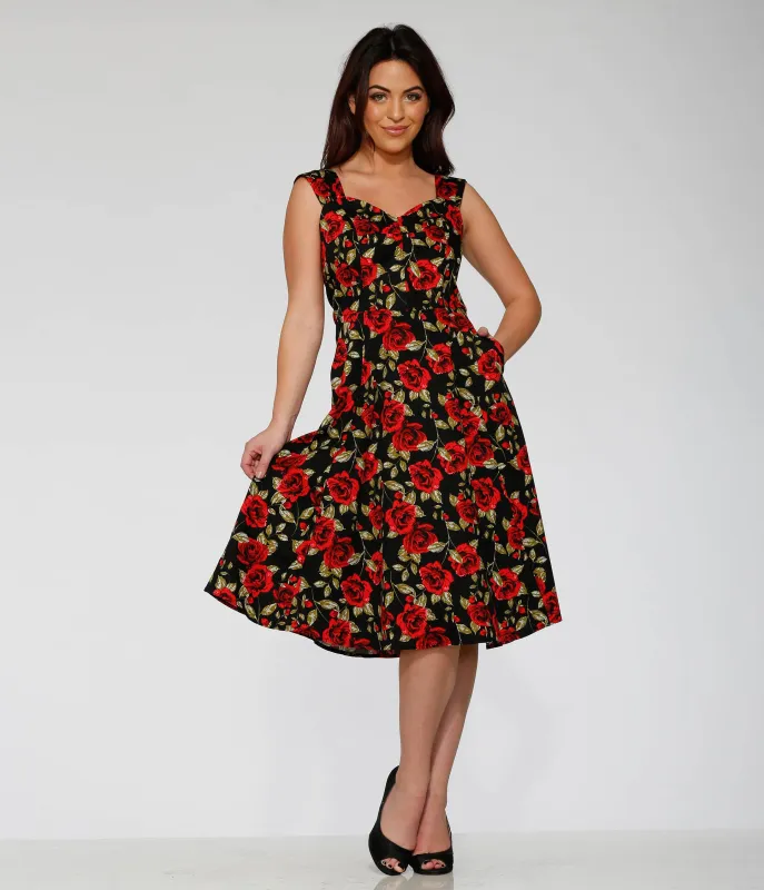 Orchid Bloom Black & Red Rose Cotton Swing Dress sold by Unique Vintage