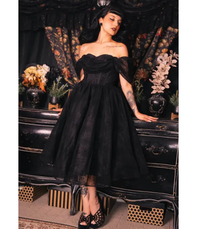 Witchwood Bags Black Spiderweb Flocked Mesh Midi Dress made by Unique Vintage