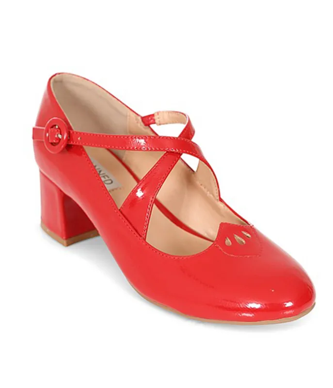 Banned Red Patent Leatherette Cross Strap Heels sold by Unique Vintage