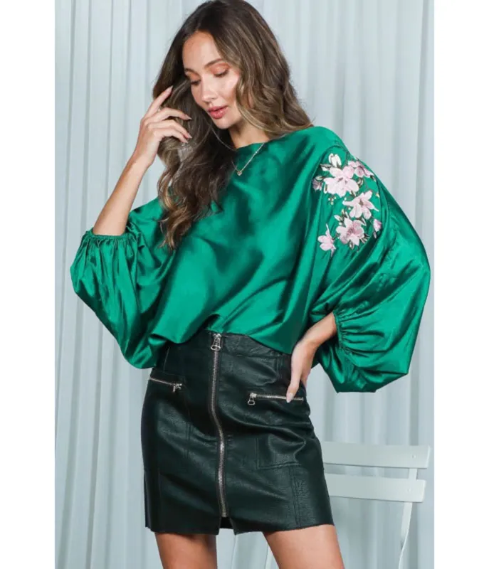 Emerald Floral Sleeve Satin Blouse sold by Unique Vintage